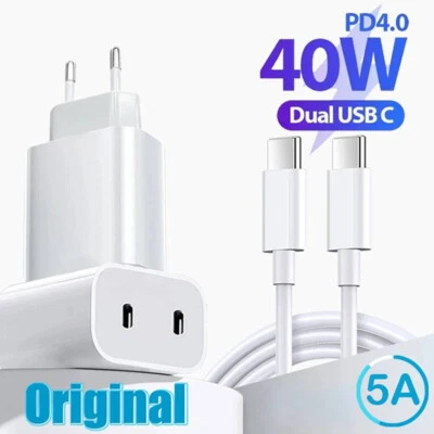 40W Fast Charger Double USB C + USB-C Cable For iPhone 17/16/15/14/13/12/11/X/8 - Image 1 of 4