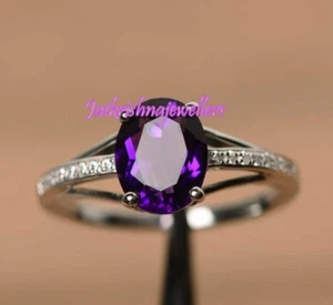 10K Gold Purple Amethyst Ring, Rose Cut Diamond Prong Setting Birthday Gift Ring - Picture 1 of 4