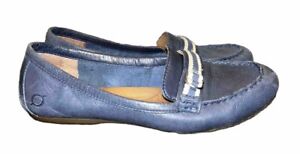 Women’s Born Leather Loafer Navy Blue Fabric Accent Silver Buckle size 9/40.5