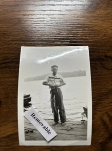 Vintage B&W Photo Snapshot Boy Holding Fish Catch Of the Day - Old Photo - Picture 1 of 6