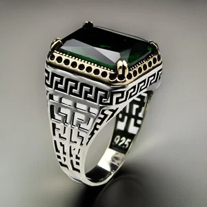 Sterling Silver Simulated Emerald Gemstone Men's Ring Turkish Jewelry Size 7-15 - Picture 1 of 7