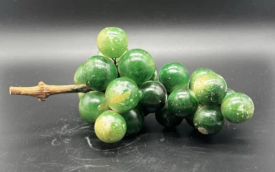 Vintage Italian Alabaster Grape Cluster on Green Wood Stem – Mid-Century 9” - Image 1 of 4