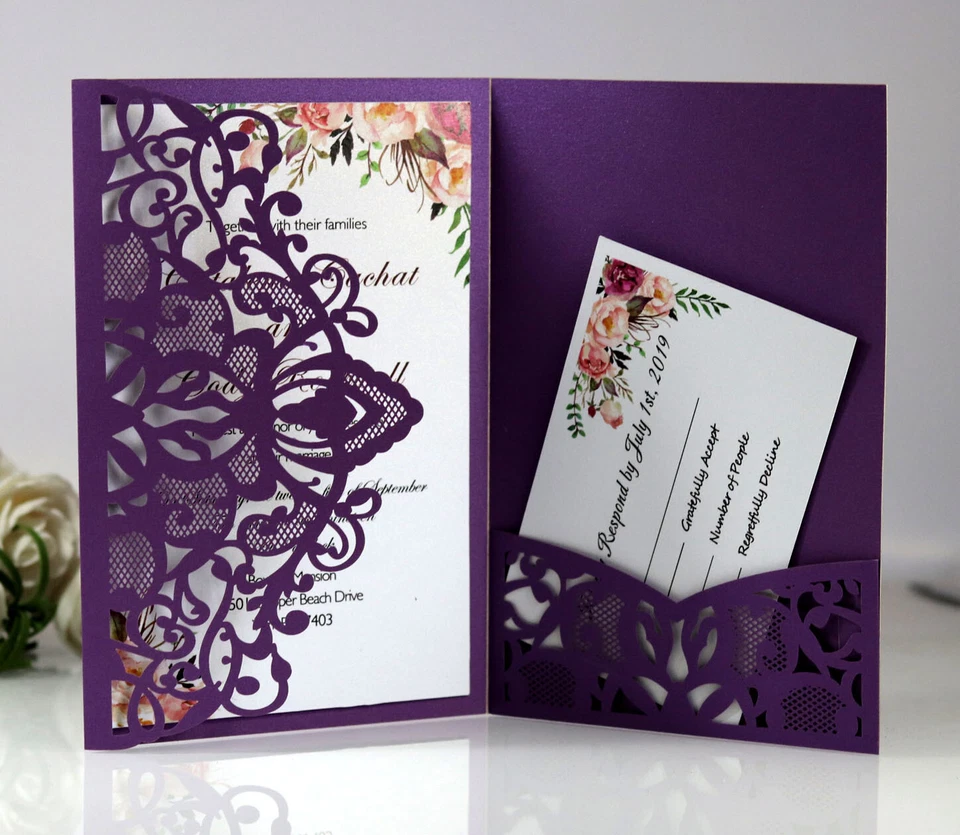 Tarjeta de invitación de boda triple pliegue corte láser para compromiso de boda ducha nupcial Foto 1 de 4