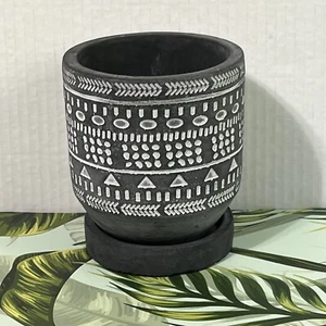 Concrete Planter Black And White Tribal Drainage Hole Attached Saucer Flower Pot - Picture 1 of 10