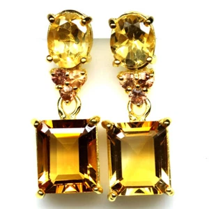 925 Sterling Silver 9 x 11 mm. Golden Yellow Citrine & Sapphire Earrings - Picture 1 of 4