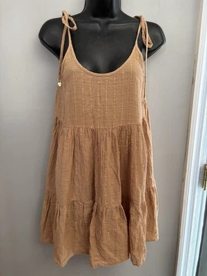 Aerie tan mini tired dress with gold accents #summerdress #boho size XXS - Image 1 of 4