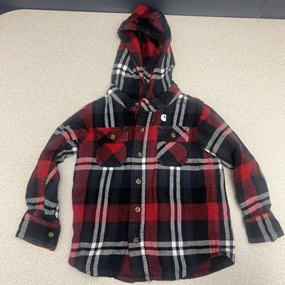 Carhartt 长袖婴儿法兰绒连帽领衬衫 18 个月红色黑色格子 — 第 1/4 张图片
