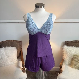 Vintage 90s Y2K Purple and Blue Lace Cami and Shorts Women's Sleepwear Set Sz. M - Picture 1 of 11