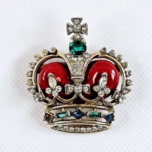 Trifari Philippe 1953 Coronation Gems Rhinestone & Red Enamel Royal Crown Brooch - Picture 1 of 11