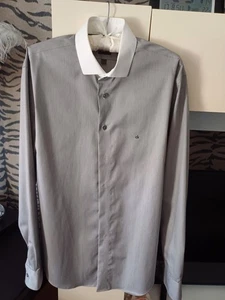Calvin klein 41/ 16 Men Slim fit Smart Designer Shirt White Gray Stripes - Picture 1 of 12