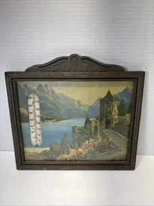 Vtg Mediterranean Lake Mountains Theremeter 1933 Ornate Tramp Art Frame - Picture 1 of 4