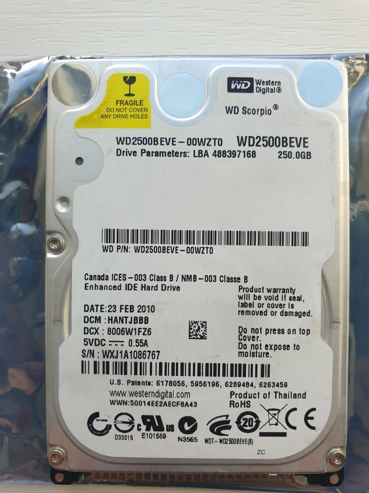 Western Digital 250GB WD2500BEVE-00WZT0 2.5" IDE HARD DRIVE WD - DCM: HANTJBBB - Image 1 of 1