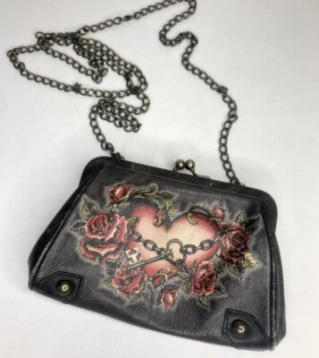 Isabella Fiore Heart In Chains Distressed Leather Clutch Shoulder Bag roses - Image 1 of 4