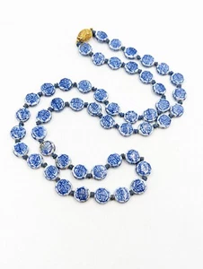 Vintage Knotted CHINESE PORCELAIN Flat Bead SHOU SYMBOL Blue/White Necklace U144 - Picture 1 of 11