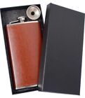 Brown Leather Stainless Steel Hip Flask With Funnel 12oz