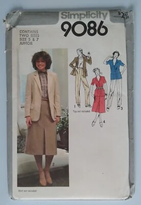 SIMPLICITY #9086 JR. SIZES 5 &7 Unlined JACKET SKIRT & PANTS PATTERN UNCUT - Image 1 of 3