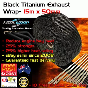 BLACK TITANIUM EXHAUST WRAP TAPE 2000°F Heat Protection 15m X 50mm +S/Less Ties - Picture 1 of 6
