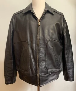 Vintage 1960s Black Leather Sears Oakbrook Biker Jacket Size 42 FleeceDistressed - Picture 1 of 21