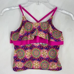 Tommy Bahama Girls Size 8 Tankini Swim Suit Top Pink Multi Medallion Print Ruffl - Picture 1 of 7