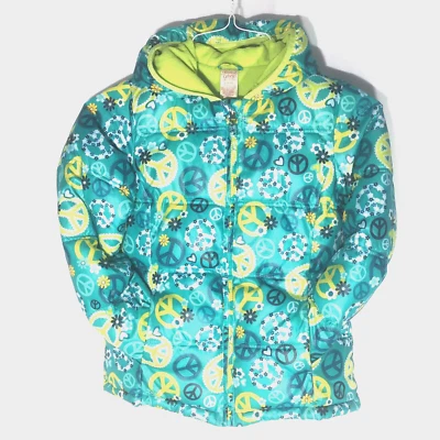 Floral Peace Sign Viridian Puffer Jacket Winter Girls Coat L(10-12) Faded Glory - Image 1 of 4