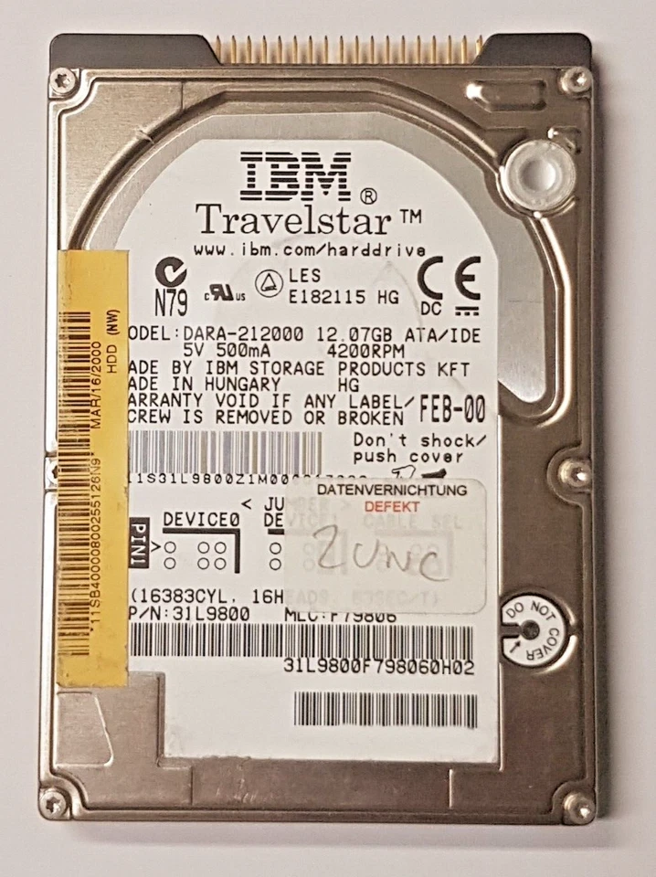 12.07 GB IDE IBM Travelstar DARA-212000 4200RPM 2MB HDD 2.5" Internal Hard Drive - Image 1 of 1