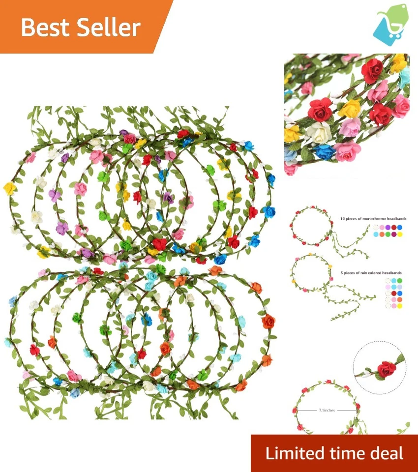 EBOOT 15 Pieces Assorted Colored Flower Crown Wreath Headband