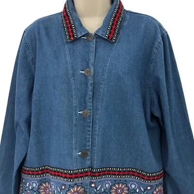90s Vintage Denim Top Womens Size XL Floral Embroidered Retro Button Front - Image 1 of 4