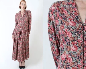 Vtg Laura Ashley Red Foral Garden Dress Button Up Barn Wedding Fairycore Gown 10 - Picture 1 of 7