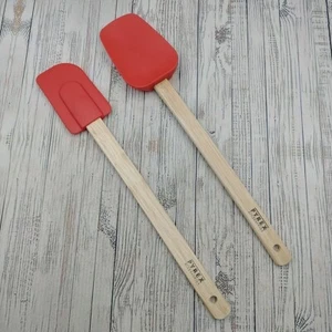 Pyrex Accessories Scraper Spatula Red Silicone Head Wood Handle 2 Styles Lot - Picture 1 of 24
