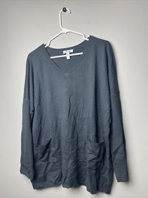 Denim & Co. Petite V-Neck Drop-Shoulder Long-Sleeve Pocketed Tunic Grey PL Size - Image 1 of 4