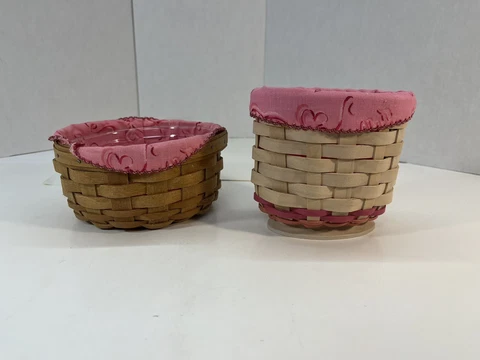 2 Small Baskets White Washed & Brown W/ Longaberger Pink Cancer Society Liner Cover