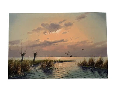 GIEN VAN DE VELDE Gien Brouwer SEASCAPE PAINTING DUCK FLYING MARSH OIL Vtg Dutch - Image 1 of 4