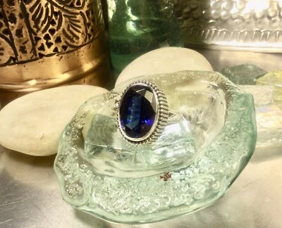 Anillo de piedras preciosas de obsidiana azul de gran tamaño de plata de ley 925 genuina Foto 1 de 4