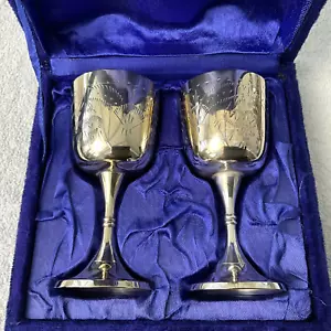EPNS SILVER PLATED HIM & HERS WINE GOBLETS IN A BLUE VELVET CASE (VERY GOOD) - Picture 1 of 5