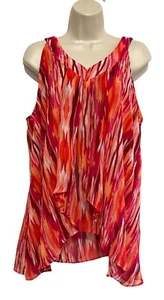apt 9 XL ärmelloses Top pfirsich orange fuchsia V-Ausschnitt künstlerischer Druck Lagenlook Saum - Bild 1 von 10