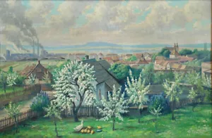 Virginia Vrastil (1920-2010) 1957 Öl an Bord Hinterhof, Skyline & Lake Michigan - Bild 1 von 5