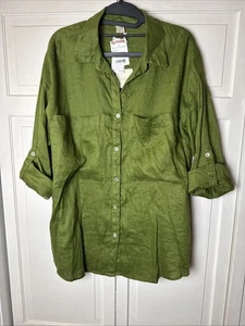 Magaschoni NWT Linen Collared Button Down Long Sleeve Shirt Women’s M Green $168 - Picture 1 of 9