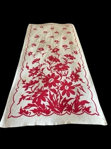 VTG Tea Towel Linen Kitchen Wall Art Decor 1950s Red White Floral Swedish Danish - Picture 1 of 8