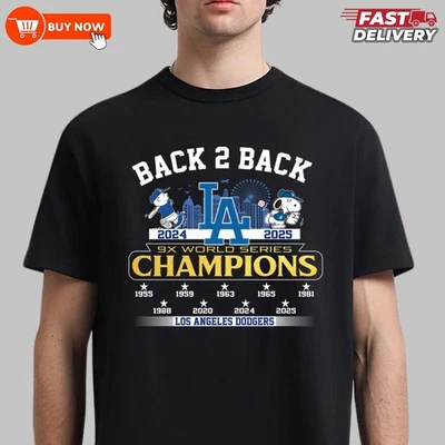 Los Angeles Dodgers Charlie & Snoopy Back 2 Back World Series Champions TShirt - Image 1 of 4