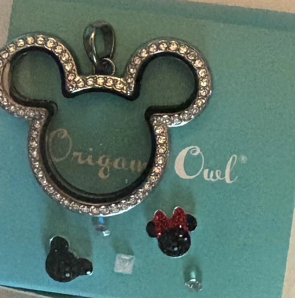 Medalhão de dobradiça Origami Coruja LK1087 Disney prata Mickey Mouse com cristais e 2 berloques - Imagem 1 de 3