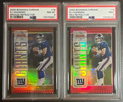 Lot (2) 2005 Bowman Chrome #18 Eli Manning Refractor Bronze /150 PSA 8 Red PSA 9 - Image 1 of 4
