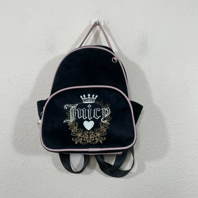 Juicy Couture Black/Pink Velvet Velour Mini Backpack Embroidered Bling  Y2K - Image 1 of 4