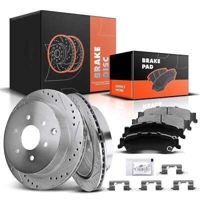 Rotores traseiros perfurados e pastilhas de freio de cerâmica para Nissan Frontier 05-19 Xterra Suzuki - Imagem 1 de 4