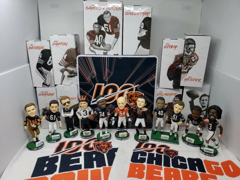 Chicago Bears 100th Year Anniversary Tin Bobbleheads 10 SET STH Rally Towels Cup Cover