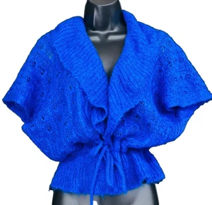 Vintage 1970s blue sweater, boho knit acrylic shawl wrap Victorian drawstring - Picture 1 of 4