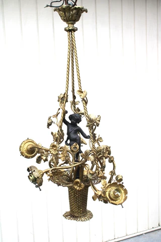 Antique french Bronze brass putti cherub floral basket chandelier lamp Cover