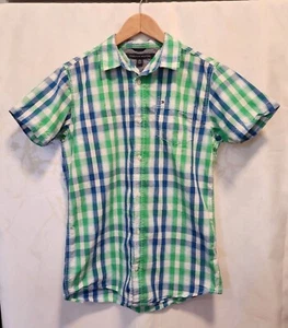 Tommy Hilfiger Button Up Shirt Youth Boys XL Short Sleeve Blue/Green Plaid - Picture 1 of 7