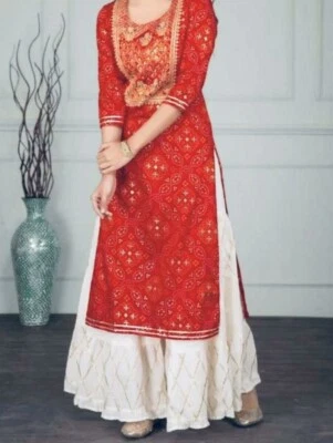 Conjunto de Kurtha de algodón usado para mujer, Sharara, top rojo y botón crema, talla XS. Foto 1 de 3