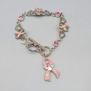Breast Cancer Awareness Bracelet Pink Rhinestone Silver tone Enamel Ribbon 7.5" - Picture 1 of 9