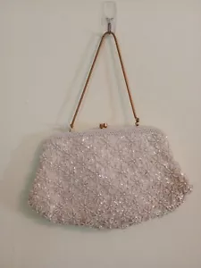 Vintage Ivory Beaded Sequined Purse Handmade in Hong Kong Evening Bag Clutch - Picture 1 of 5